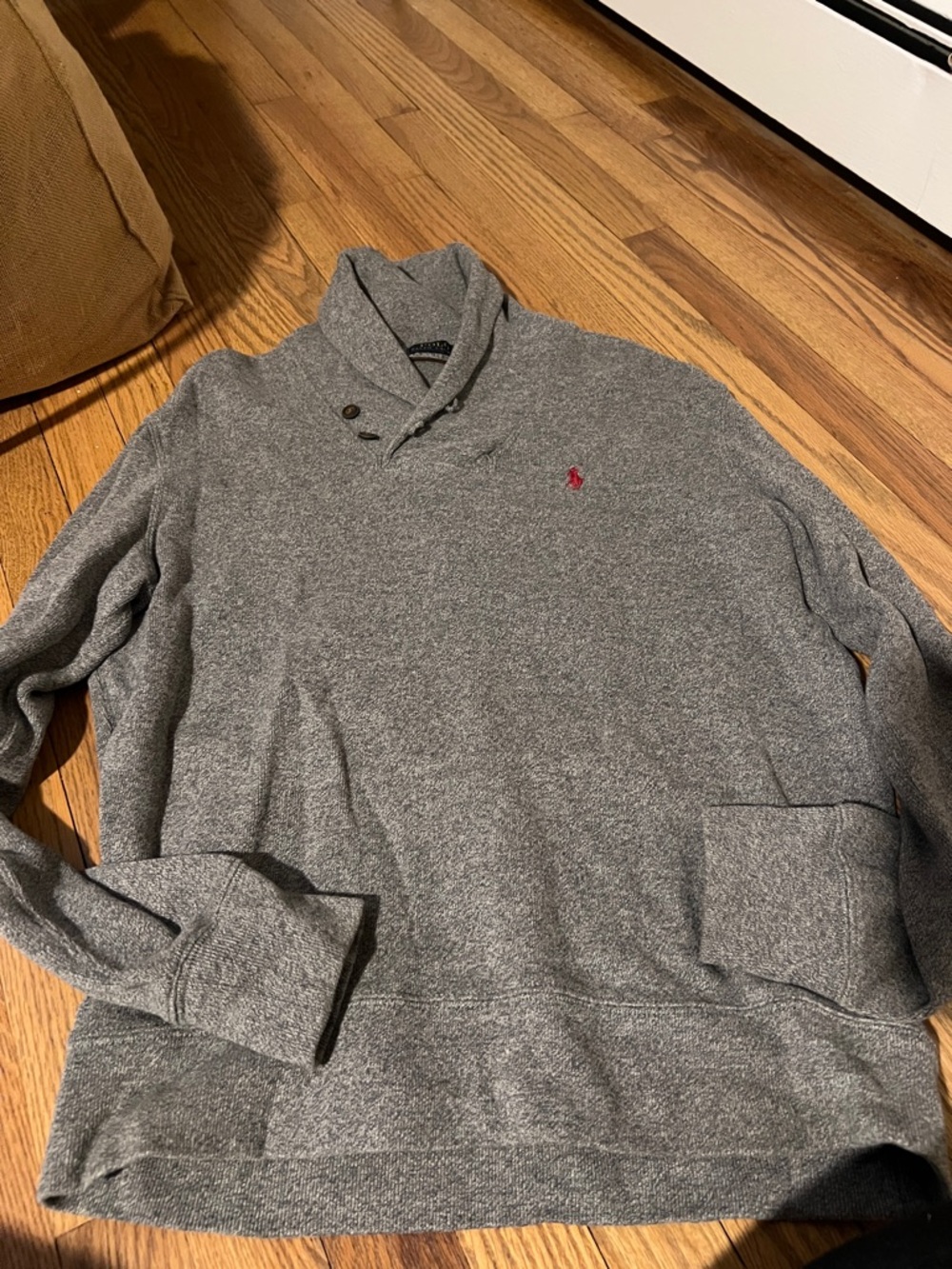 Polo by Ralph Lauren Gray Shawl-Neck Knit Sweater with Red Pony